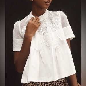 Anthropologie En Elly White The Iris Short-Sleeve Lace Poplin Blouse XL